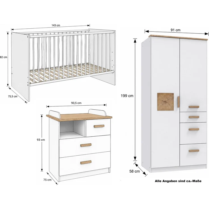 Babyzimmer-Set Kinderzimmer Babybett Wickelkommode Kleiderschrank 91 Weiß Eiche – Bild 9
