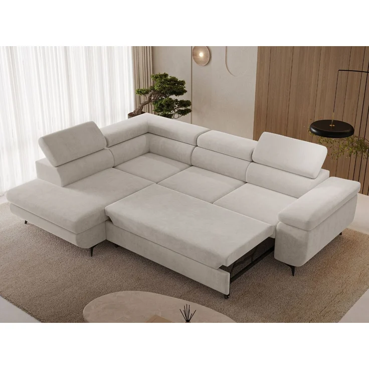GRAINGOLD Ecksofa ARGON mit Bettfunktion, Bettkasten, Einstellbaren Kopfstützen, Velvet-Stoff, Hellbeige, Rechts – Bild 4