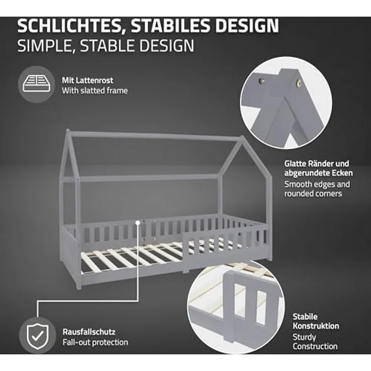 ML-DESIGN Kinderbett Hausbett Spielbett inkl. Lattenrost kreativ Bodenbett für Kinder, Abenteuerbett mit Rausfallschutz Spielbett Kiefer Hellgrau Himmelbett – Bild 6