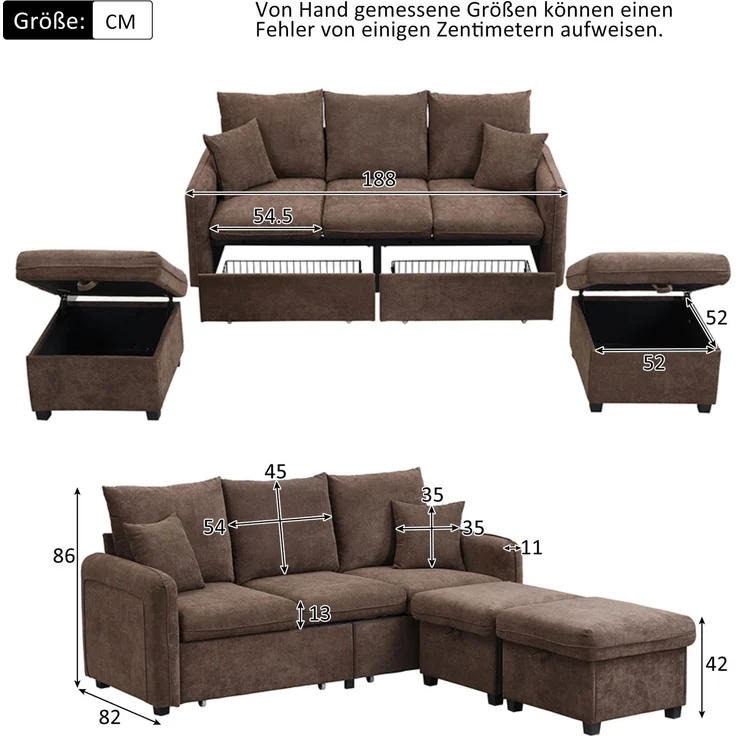 DESVIAE Sofa mit Schlaffunktion und Stauraum, Chenille, Braun, 188 x 186 x 86 cm – Bild 8