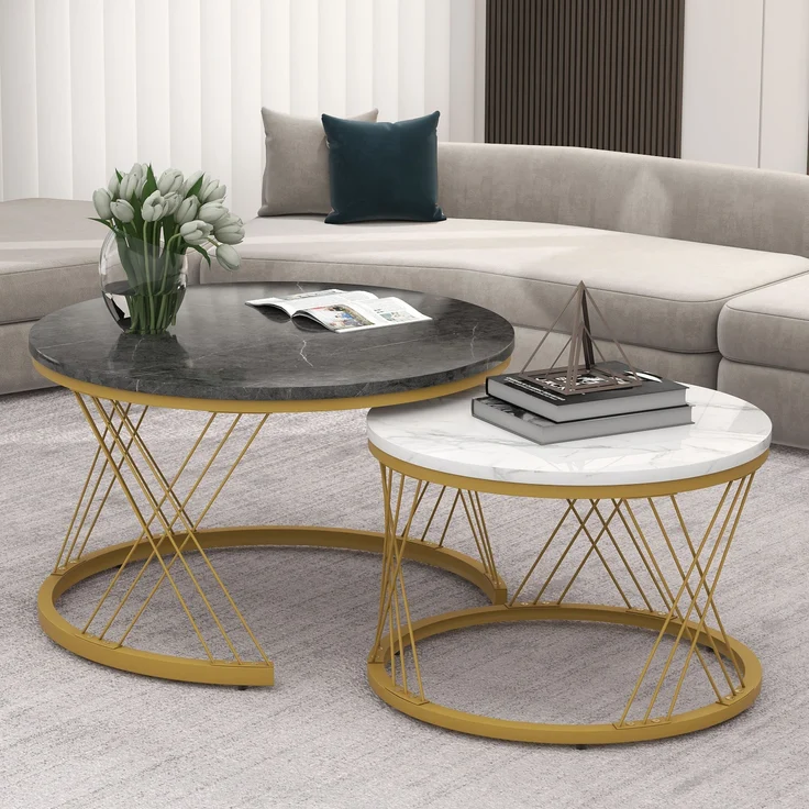 Nesting Couchtisch Set marmoroptik, 2-teilig, 70/45x70/45 cm, grau+gold – Bild 2