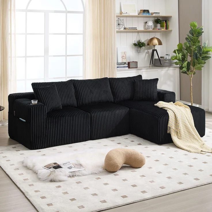 Modulares Sofa Set mit Chaiselongue & 2-Sitzer in Schwarz, weicher Cordbezug, 5 Kissen, Getränkehalter – Bild 1