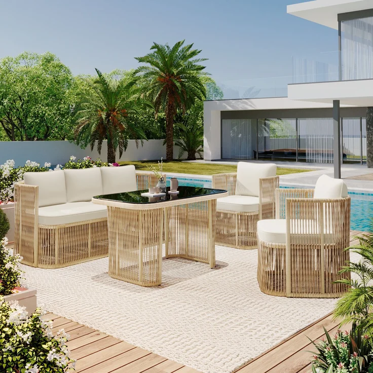 Merax 5-teiliges Gartenmöbel Set, PE Rattan Garten-Loungesessel-Set mit 3-Sitzer Sofa, 2 Sessel & Glastisch – mit Polyester Kissen, Stahlrahmen & gehärteter Glasplatte, Beige – Bild 5