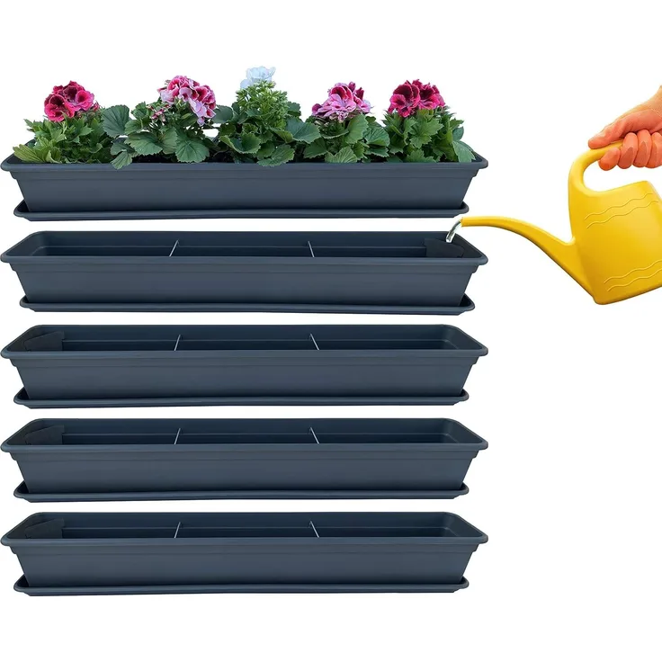 4er Blumenkasten Set Balkonkasten Pflanzkasten Anthrazit mit Bewässerungssystem und Balkonkasten Untersetzer 80cm