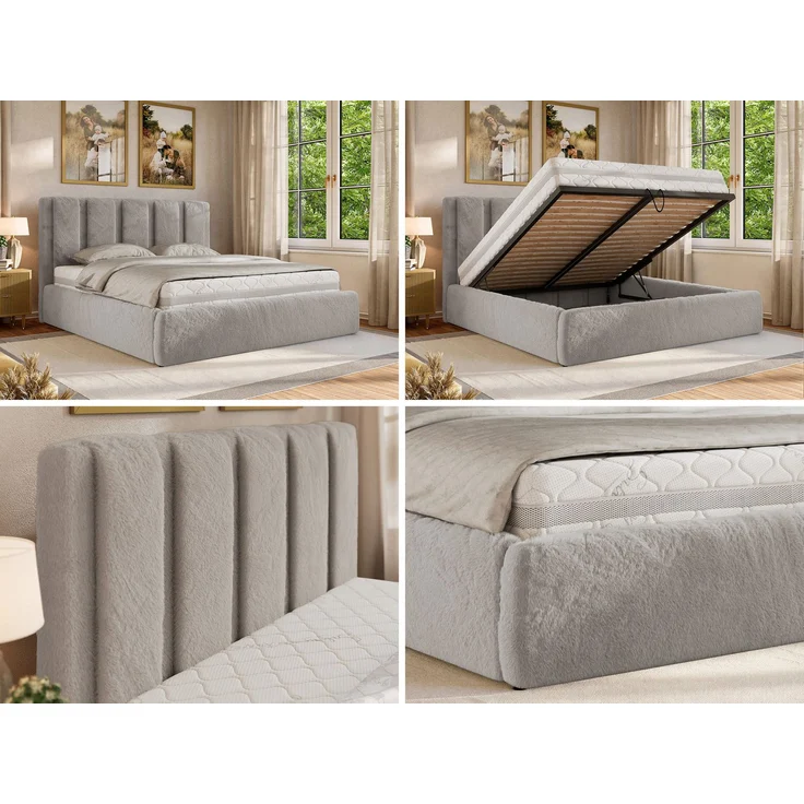 Polsterbett SAVINO CLASSIC mit Bettkasten und Lattenrost Doppelbett 180 x 200 cm mit hohem Kopfteil Stauraumbett Bett mit Gasdruckfeder - Hellgrau Plüsch - Pocket Matratze - VIRE LUX – Bild 2
