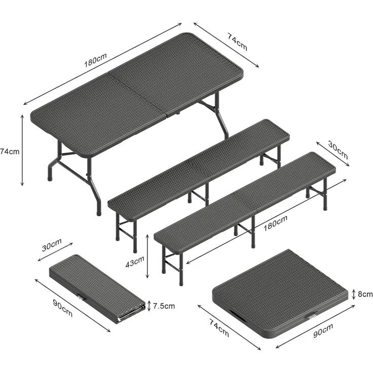 JUMMICO Bierzeltgarnitur Klappbar 3er Set Tisch & 2X Bank,Rattanoptik Biertischgarnitur 180 x 74 x 74 cm Festzeltgarnitur Biergarten Biergarnitur für Garten, Party und Camping – Bild 2