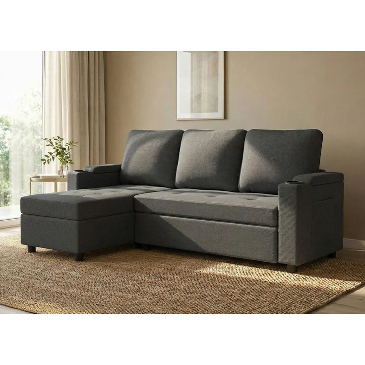 HOMALL Ecksofa Multifunktionales L-Form Schlafsofa, mit Stauraum, Gästebett-Funktion, wechselbarer Links-/Rechtsposition, Tassenhaltern & Seitentasche – Bild 2