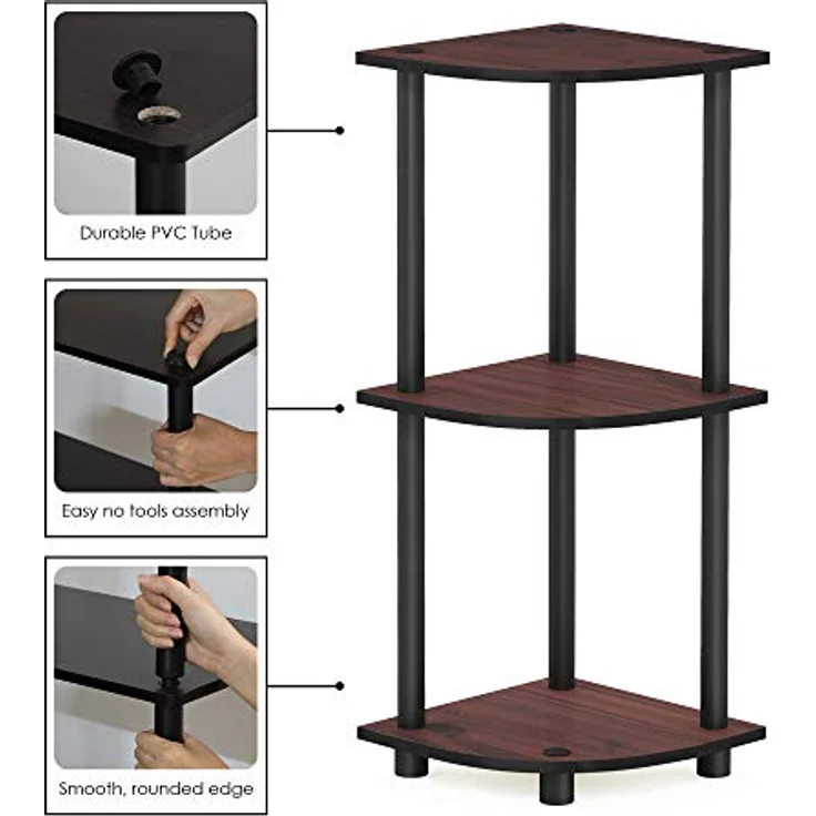 Furinno kompaktes Eck-Mehrzweck-Regal mit 3 Ebenen, Dunkle Kirsche/Schwarz, 29. 46x29. 46x75. 18 cm – Bild 5