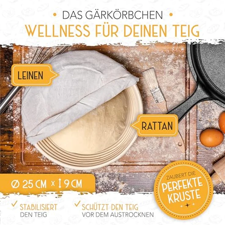 Krustenzauber Brotbackform 26cm Gusseisen Topf Brot Backen inkl. Gärkorb, (Robuster Brottopf mit Deckel - Idealer Brotbacktopf), Brotbackset Gusseisentopf Brotbacken, Brot Backen Zubehör, Brotform – Bild 5