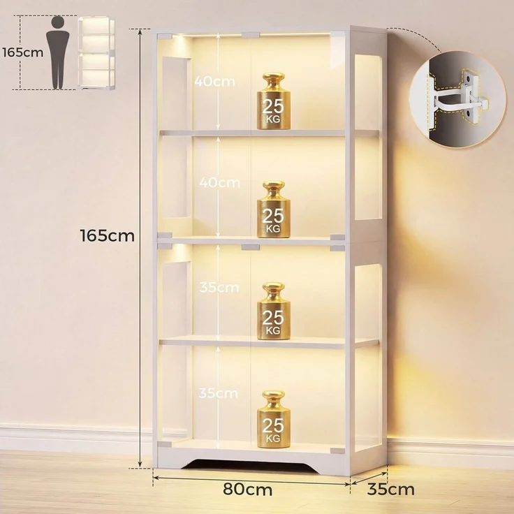 Furnicopia Glasvitrine mit RGB-LED-Beleuchtung Standvitrinen, vitrine Wohnzimmer (165*80*35 cm große multifunktionale Vitrine mit App-/manueller Beleuchtungssteuerung, vier Ebenen mit doppelten Türen und unabhängigen Glasvitrinen sowie einer Gesamtbela... – Bild 3