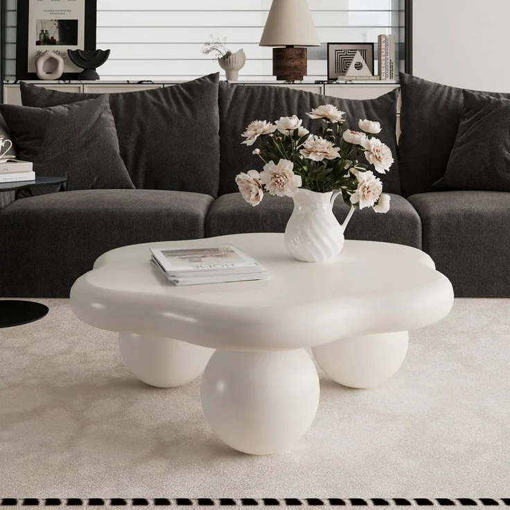 OKWISH Couchtisch Blütenblatt-Design, modern-minimalistisch für kleine Wohnungen (Packung, 1-St, 79x31x79 cm Kaffee-Tisch in Creme-Weiß, Wolkenform mit Kugelbeinen), Kinder- & haustierfreundlich, platzsparend im Wohnzimmer – Bild 2