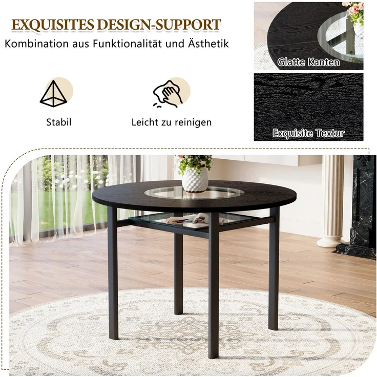 Essgruppe mit rundem Tisch Ø 100x76 cm, Glasablage und PU-Sitzen, Schwarz – Bild 6