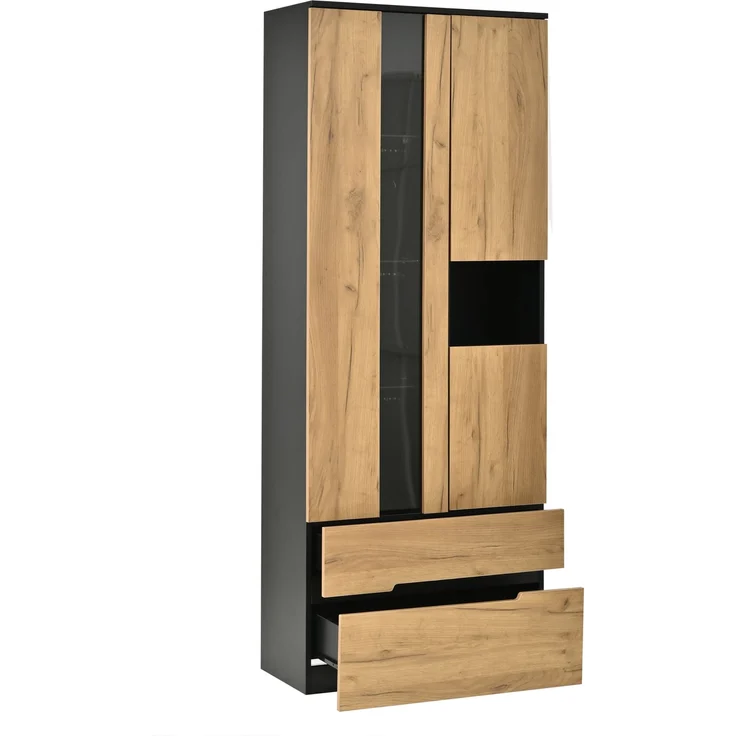Vitrinen-Schrank, 70×35×180cm Mehrzweck Aufbewahrungsschrank mit LED-Lichtleiste, 3 Türen & 2 Schubladen, Holz-Schwarz Kombinationsdesign, bis 45kg Traglast, moderner Stauraumschrank für Wohnzimmer--Natürlich--70x35x180cm--YOUDENOVA – Bild 10