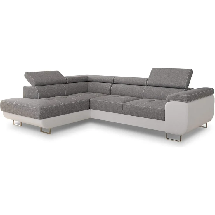 Ecksofa Caris mit Schlaffunktion, Bettkasten und einstellbare Kopfstützen (Weiß + Grau (Soft 017 + Sawana 21), Ecksofa Links) – Bild 1