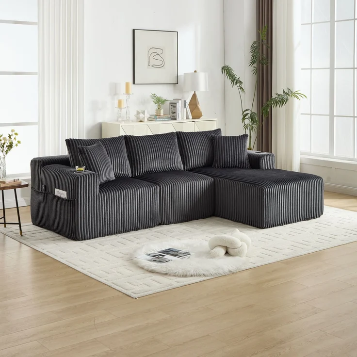 LVHOM Modulares Sofa, Ecksofa mit Schlaffunktion, L-Form Couch mit Chaiselongue, 3-Sitzer Sofa, Polstersofa Cordstoff, 257x160x62 cm – Bild 9