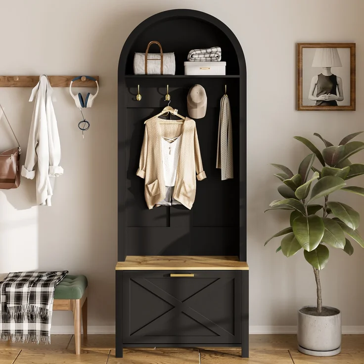 Multifunktionaler Garderobenschrank mit Schuhregal, Ablage & Haken – Hall Tree für Eingangsbereich, langlebiger MDF Korpus, modernes Design, stabile Eisenfüße, praktische Aufbewahrung--Schwarz, Holz--75x35x195cm--YOUDENOVA – Bild 6