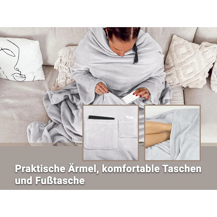 ZOLLNER Kuscheldecke mit Ärmeln, 170x200 cm, hellgrau (grau) – Bild 4