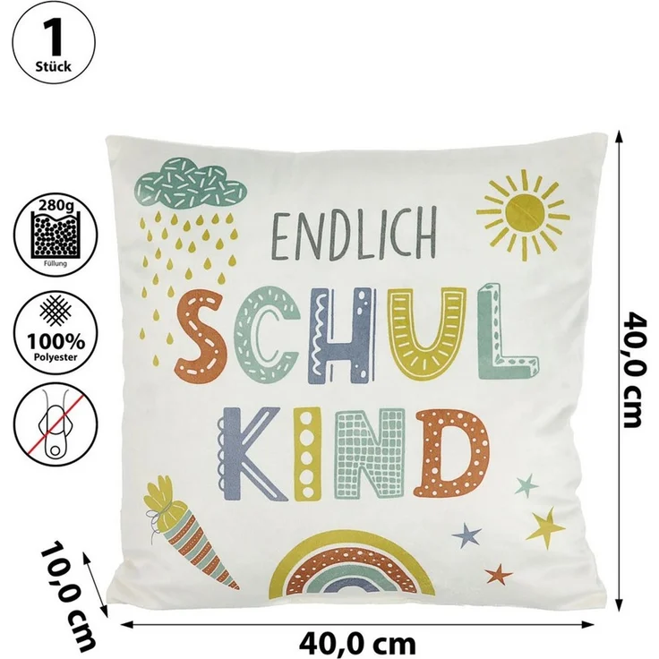CEPEWA Dekokissen Kissen 'Endlich Schulkind' 40x40cm Polyester 280g Reißverschluss – Bild 2