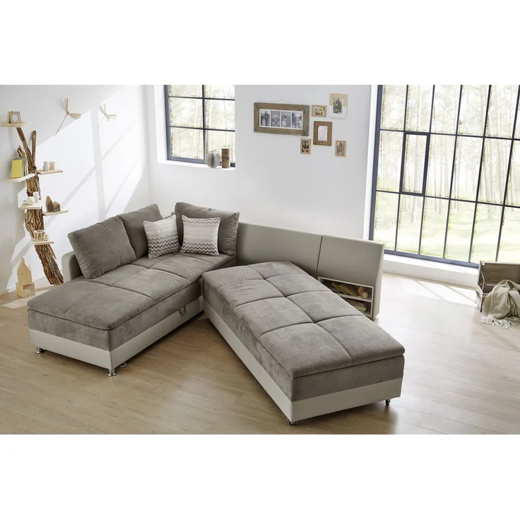 Ecksofa-Dauerschläfer Doppelbett Federkern Bettkasten Couch in Graubraun Beige – Bild 4