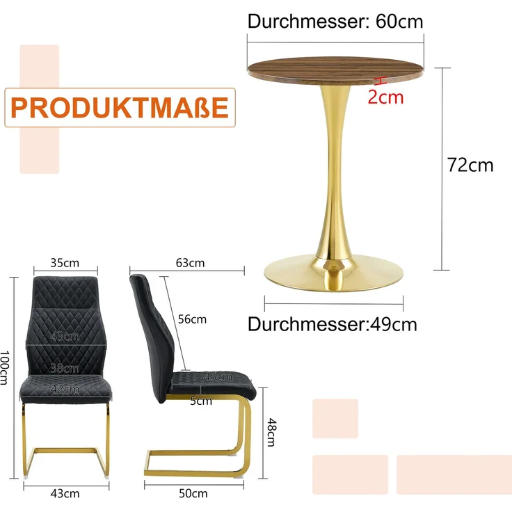 Couchtisch- und Stuhlset 60 cm – runder MDF-Tisch in Walnuss-Optik mit 2 schwarzen Stühlen, Metallgestell – Bild 4