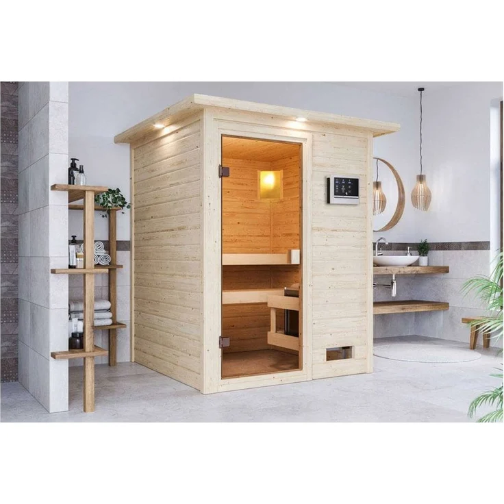 Karibu Sauna Sandra mit Dachkranz + 9kW Saunaofen mit ext. Steuerung Easy – Bild 3