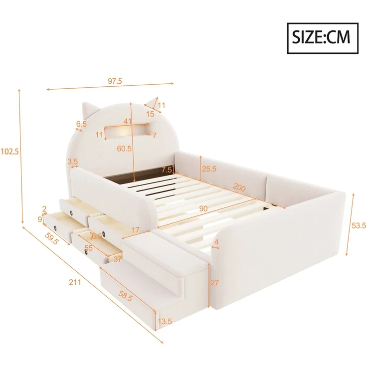 LVHOM Kinderbett 90x200cm mit Rausfallschutz, Polsterbett mit Nachtlicht, USB, Schubladen und Stufenbank, Samt, Beige – Bild 7