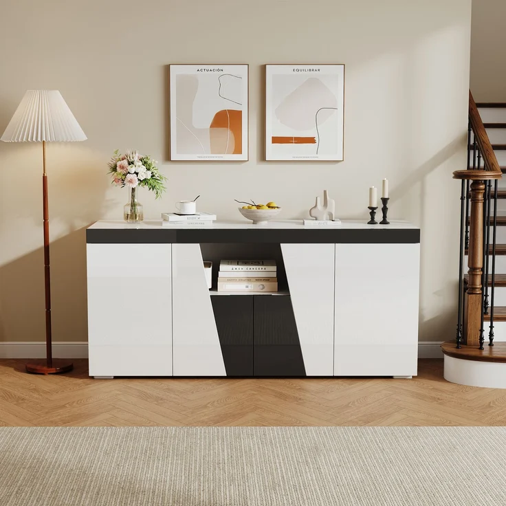 Merax 140 cm Sideboard, Großer Aufbewahrungsschrank mit 3 Schränken und 4 Türen, Abgewinkeltes Design + Schwarz-Weiß-Farbblockierung, Moderne Kommode mit LED-Lichtleiste – Bild 2