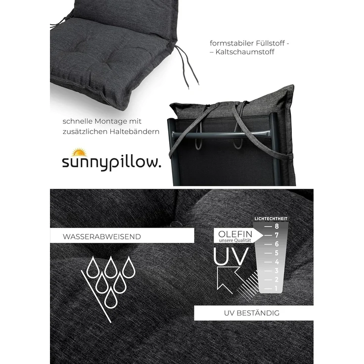 sunnypillow Hochlehnerauflage Gartenstuhlauflagen mit abnehmbarem Kopfpolster 120x50x9 cm, (2 St), Auflage Polsterauflagen UV-Lichtecht – Bild 3
