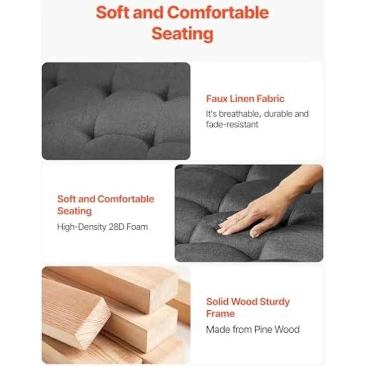 VEVOR quadratischer Couchtisch (875 x 875 x 445 mm) mit Ablagefläche aus Massivholz, massiv gepolsterte Ottomane mit Fußstütze aus Leinen für Schlafzimmer Wohnzimmer, 181,44 kg, Dunkelgrau – Bild 5