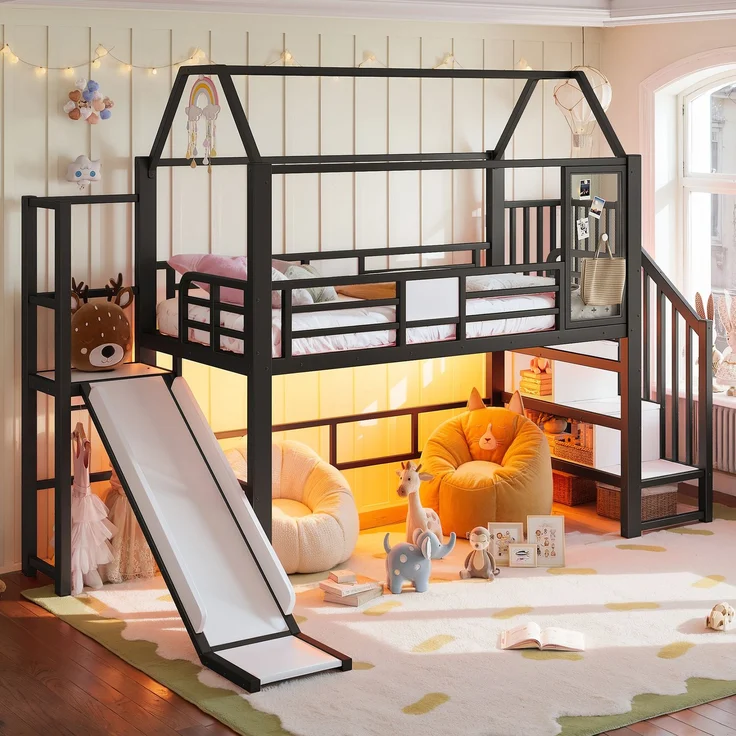 Abrihome Metall Hochbett Hausform für Kinder, Rutsche, Treppe, Stauraum, LED, Schwarz, 90x200 cm – Bild 1