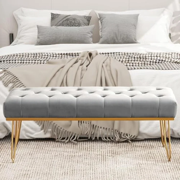 Shally Dogan Sitzbank aus Stoff, Sitzbank für Schlafzimmer, Ottomane mit hochdichter Polsterung, Mehrzweck-Eingangsbereich, ideal für Schlafzimmer, Wohnzimmer, Grau – Bild 4