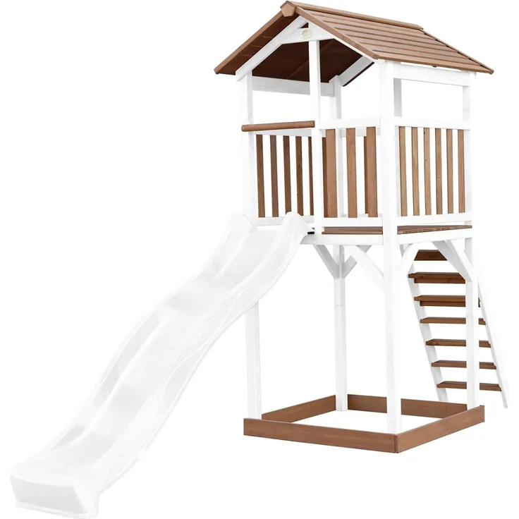AXI Beach Tower Spielturm aus Holz in Braun & Weiß Spielhaus für Kinder mit weißer Rutsche und Sandkasten | Braun, weiß | Holz | 349 cm