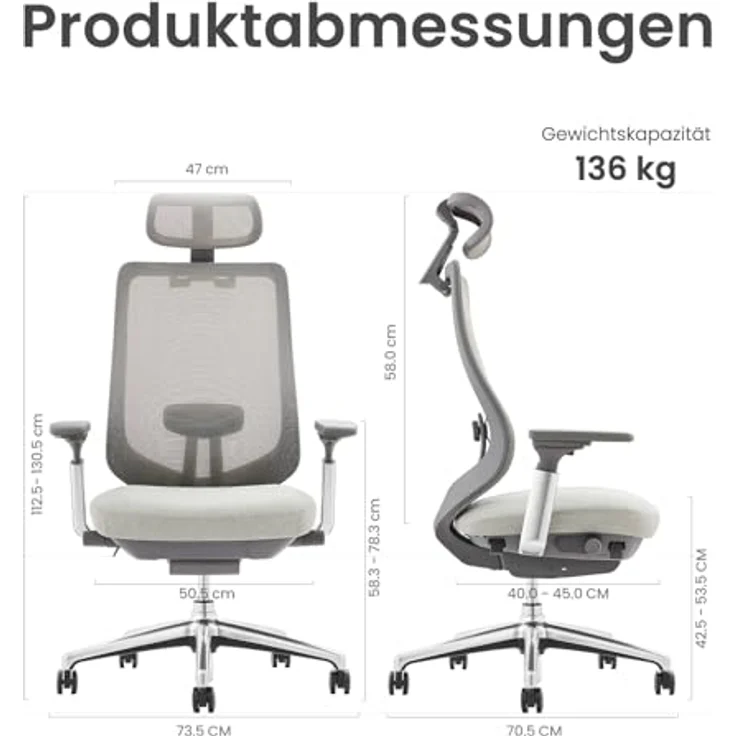 COLAMY XK Atlas Ergonomischer Bürostuhl, Netz-Chefsessel mit verstellbarem Kopfstütze, Computer Schreibtischstuhl Drehstuhl mit 4D-Armlehnen, Aluminium Basis/Schiebesitz/Neigungssperre, Hellgrau – Bild 4