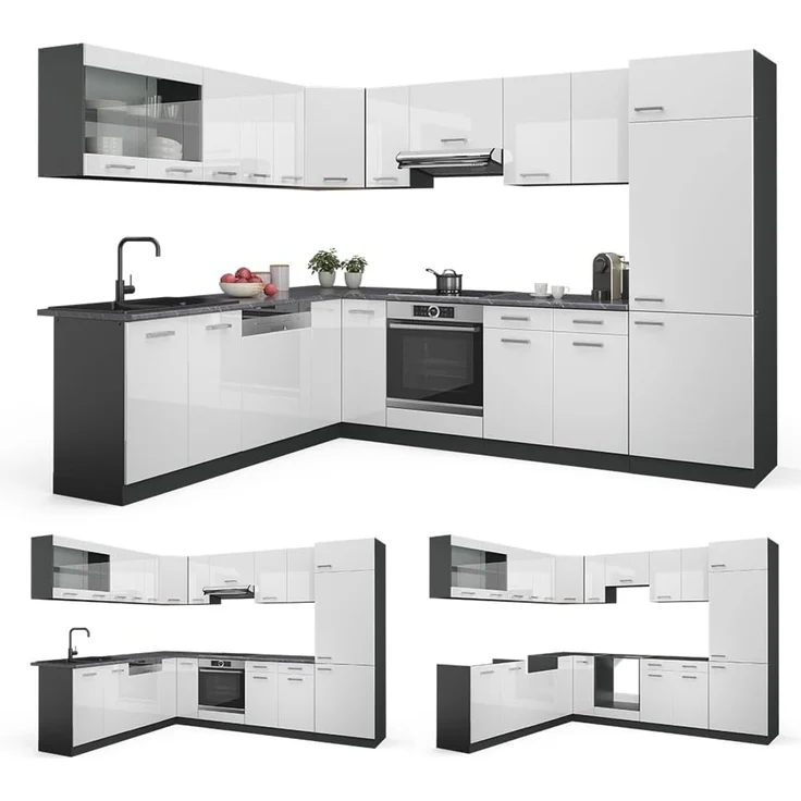 Eckküche R-Line Weiß Hochglanz/Anthrazit 287 x 227 cm ohne Arbeitsplatte Vicco – Bild 6