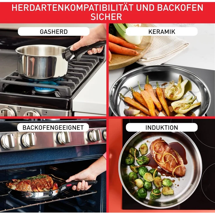 Tefal Topf-Set Ingenio Preference, Topfset Induktion, abnehmbarer Griff, platzsparend, Edelstahl (Set, 4-tlg, 3x Stielkasserollen Ø 16/18/20 cm, 1x abnehmbarer Griff), stapelbar, hochwertiger Edelstahl, für alle Herdarten geeignet, L898S4 – Bild 3
