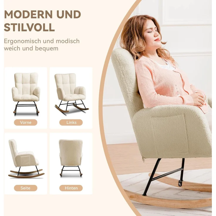 COMHOMA Schaukelstuhl mit Hocker, Relaxsessel mit Armlehnen, Ohrensessel aus Teddy-Plüsch Schaukelsessel, bis 150 kg belastbar, sonnenliege gartenliege für Schlafzimmer, Wohnzimmer,Beige – Bild 7