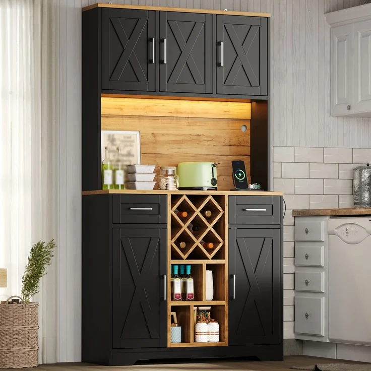 ZUBALIYA hoher Stauraumschrank mit LED-Beleuchtung / Vorratsschrank mit Weinregalen, mit weinschrank & Vitrinenschrank für Wohnzimmer und Esszimmer, 180 x 105 x 40 cm, fürs Wohnzimmer, mit Schubladen – Bild 1