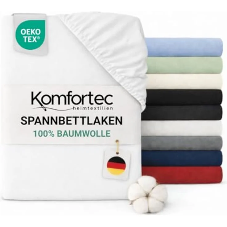 Komfortec Spannbettlaken Jersey, 100% Baumwolle, 90x200 cm, weich, atmungsaktiv, hautfreundlich, Oeko-Tex zertifiziert, rundum mit Gummi, weiß – Bild 1