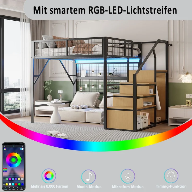 EINHOM Eisenbett, Etagenbett, Hochbett 140 x 200 cm, Geeignet für Kinder und Jugendliche Vielseitiges, Metall-Hochbett mit APP-gesteuerten LED-Lichtleisten Treppe mit Stauraum, Offenem Kleiderschrank Schwarz (Ohne Matratze) – Bild 6
