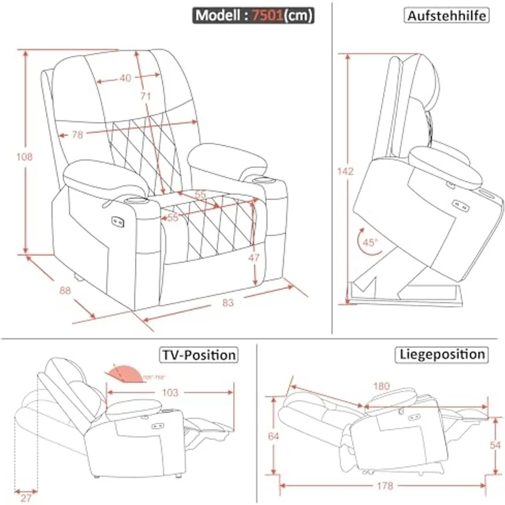 M MCombo Fernsehsessel mit Aufstehhilfe Elektrisch, Relaxsessel mit Liegefunktion, 2 Motoren, Seniorensessel für Wohnzimmer, Mikrofaser, 7501 (Dunkelgrau) – Bild 3