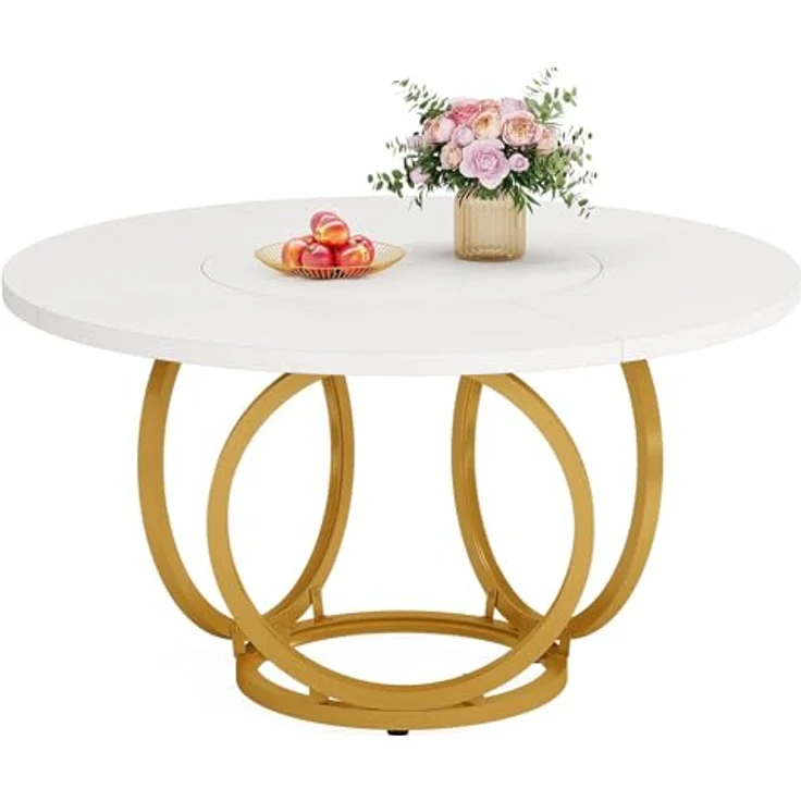 LITTLE TREE Esstisch Rund, moderner 120cm Küchentisch für 4-6 Personen, Couchtisch Beistelltisch mit 2 Ebenen & Metallrahmen für Wohnzimmer, Esszimmer und Küche, Weiß/Gold – Bild 8