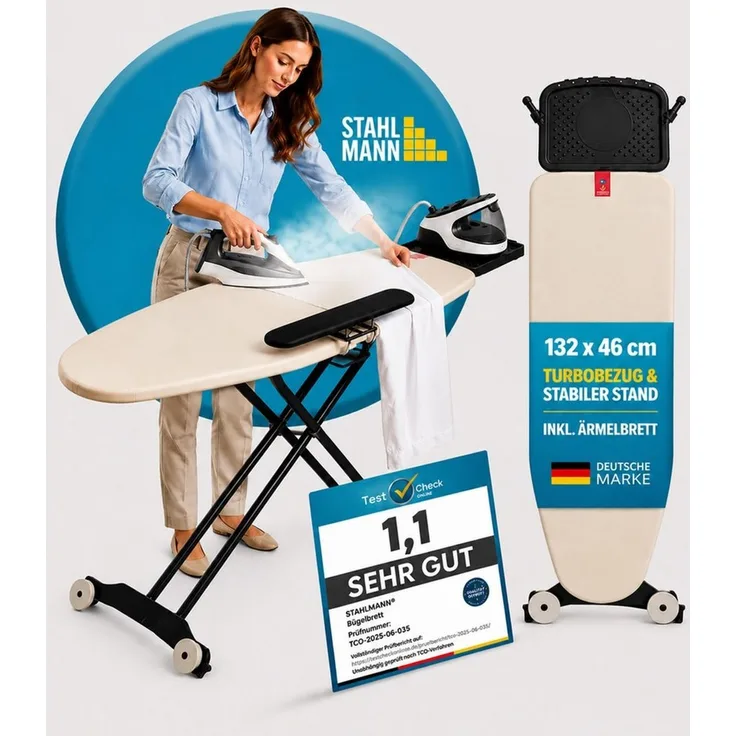 STAHLMANN Bügelbrett Excellence Lux [132 × 46 cm], Made in EU, Ärmelbrett, Dampfstation, Bügelfläche 132x46 cm, Made in EU · Ärmelbrett · Ablage für Dampfstation