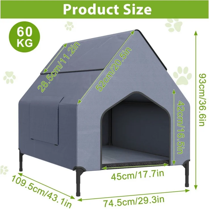FIVMEN Hundebett mit Baldachin Hundeliege Hundehütte im Hausform, Oxford-Material Stahlrahmen Hundekäfig S/M/L – Bild 2