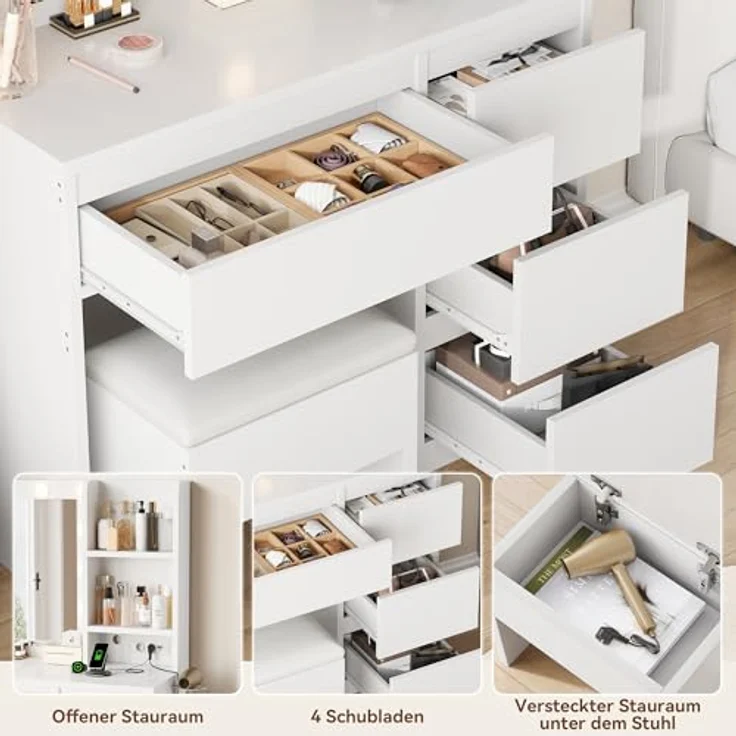Jocoevol Schminktisch mit Spiegel und LED Beleuchtung, 12 LED Lichtkugeln, 3 Farben, Dimmbar, mit Steckdosenleiste, Kosmetiktisch​ mit 4 Schubladen und 2 Offenen Ablagen, (Weiß) – Bild 5