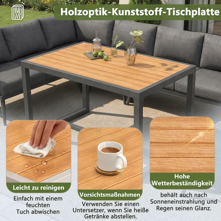 Merax Gartenlounge-Set, 7-Sitzer L-förmiges Gartensofa-Set mit Sessel, geflochtenen Armlehnen, Wetterfeste Eckgarnitur aus Eisen, mit Holz-Couchtisch, Mit Polstern & Kissen, Grau – Bild 8