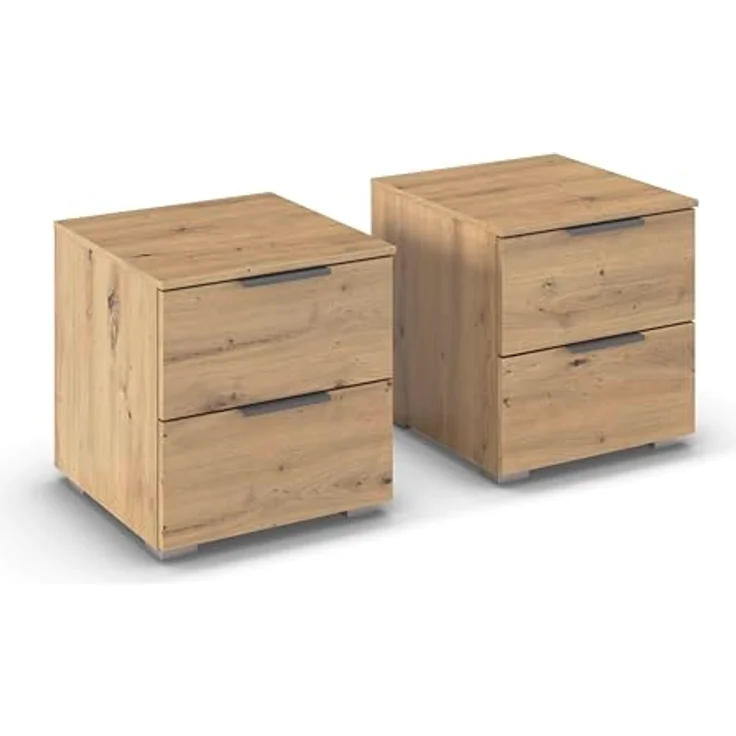 Rauch Möbel Alabama, Nachttisch-Paar für Schlafzimmer, Kinderzimmer, Gästezimmer, mit je 2 Schubladen, Soft-Close-Funktion, Farbe Eiche Artisan, Holz, Griff Grau metallic, Schwarz, Maße 40 x 42 x 42 cm – Bild 1