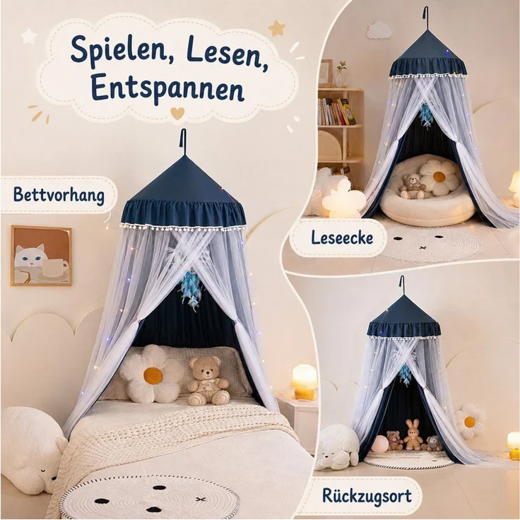 LMaxhome Himmelbett Doppellagiger, Betthimmel mit Moskitonetz, Lichtschutz für Kinder (1-tlg), 270 cm hoher Baldachin fürs Kinderzimmer, 65-cm-Ring, Deckenmontage – Bild 4