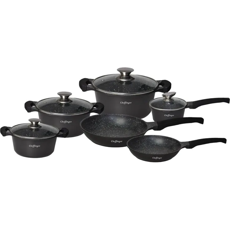 Kochtopf Topf Pfannen Set Kochgeschirr 10 tlg Alu Guss Cheffinger schwarz DA1010