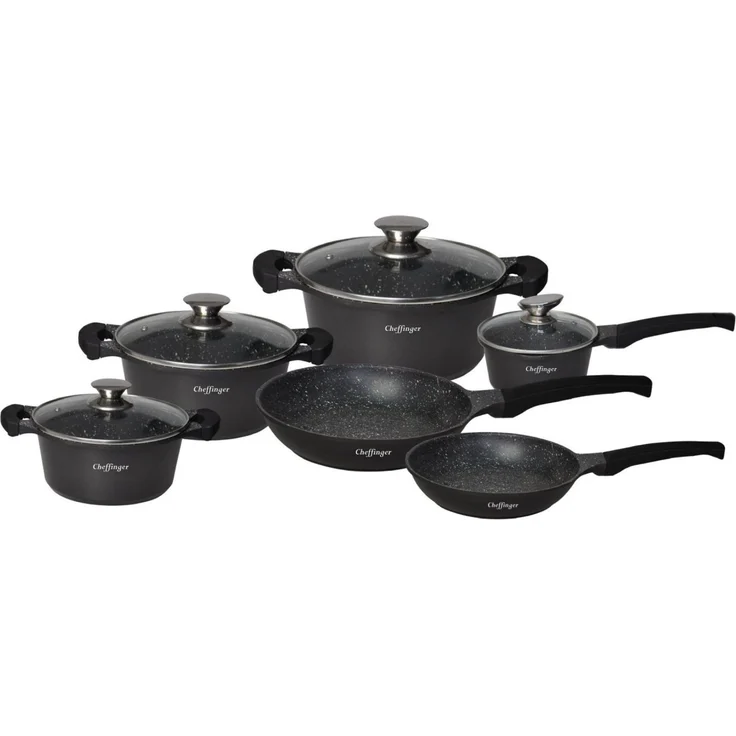 Kochtopf Topf Pfannen Set Kochgeschirr 10 tlg Alu Guss Cheffinger schwarz DA1010