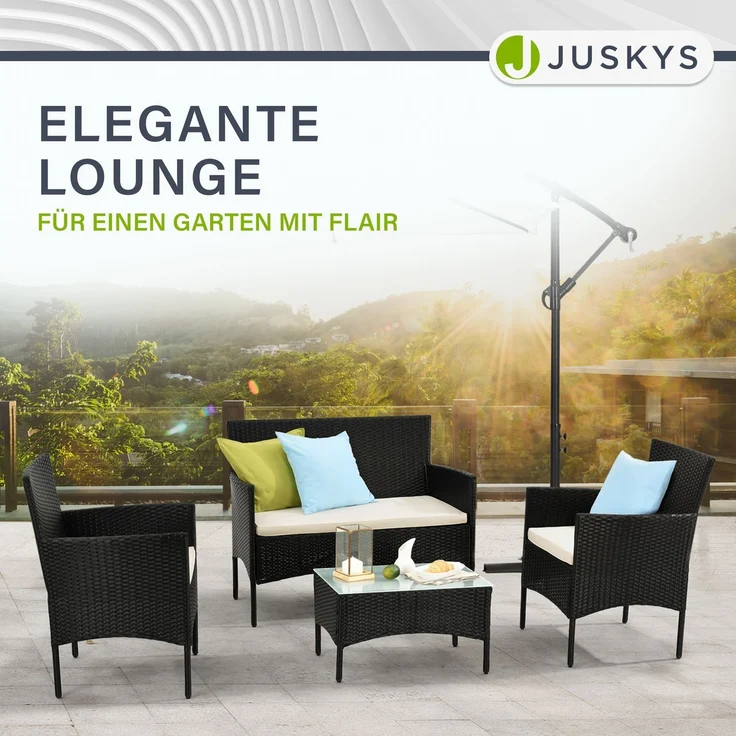 Juskys 'Fort Myers' Gartenmöbel Set mit Tisch, Sofa & 2 Stühlen, Polyrattan, 60x35 cm, Schwarz / Creme – Bild 4